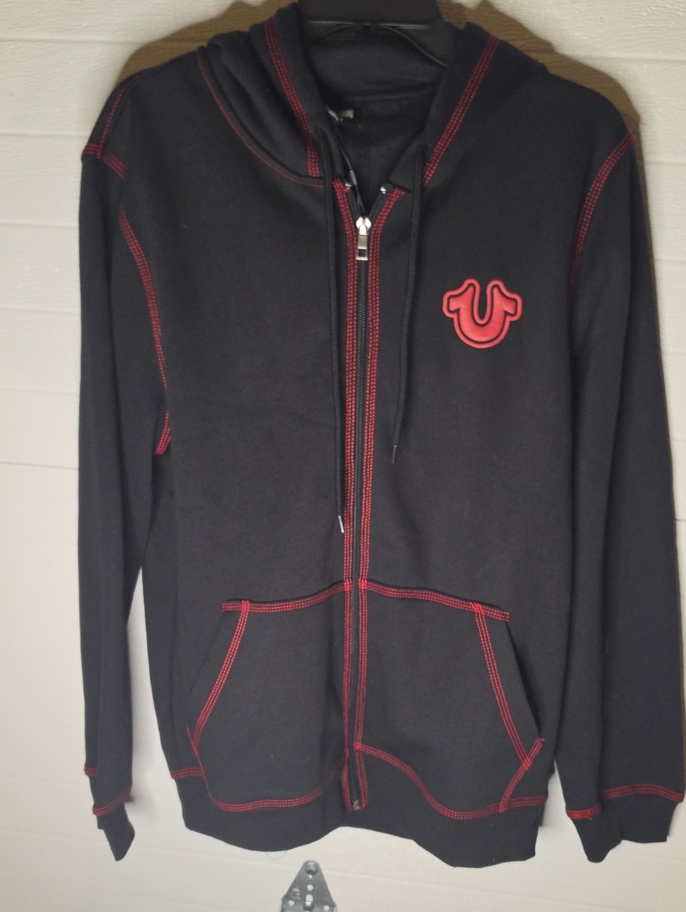 True Religion Black Zip Hoodie Tnl with Red Stitching and Logo M